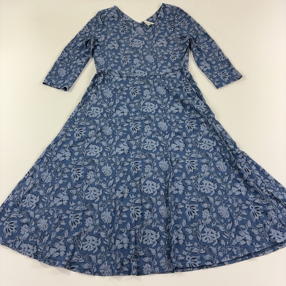 Pact Dress Womens Medium Blue Floral 3/4 Sleeve Fit & Flare Maxi Pockets Jersey